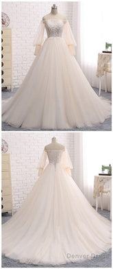Wedding Dress, Appliqued Floral Long Sleeve Lace Bridal Gowns Prom Dress